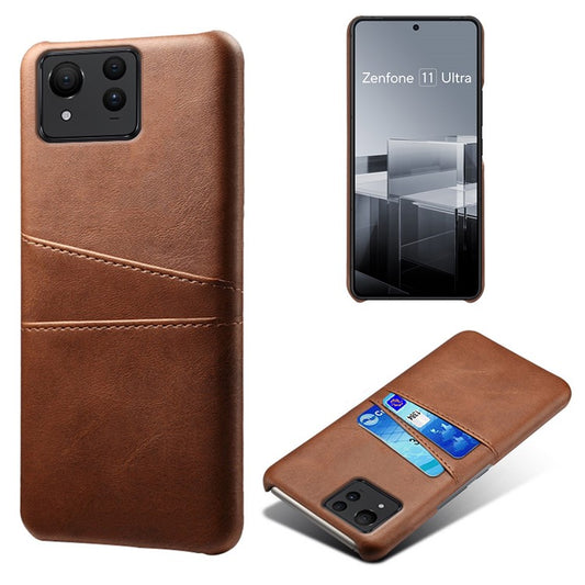 For Asus Zenfone 11 Ultra 5G Case Leather Coated PC Phone Cover with 2 Card Slots - Brown