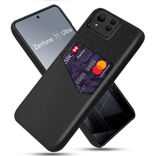 For Asus Zenfone 11 Ultra 5G Case Cloth Texture Leather+PC Card Holder Phone Cover - Black