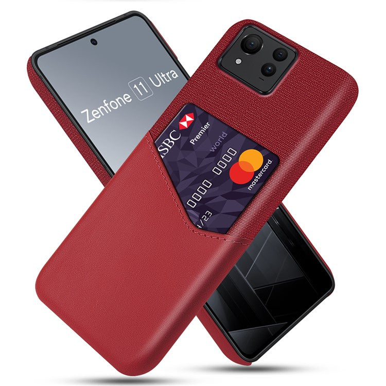 For Asus Zenfone 11 Ultra 5G Case Cloth Texture Leather+PC Card Holder Phone Cover - Red