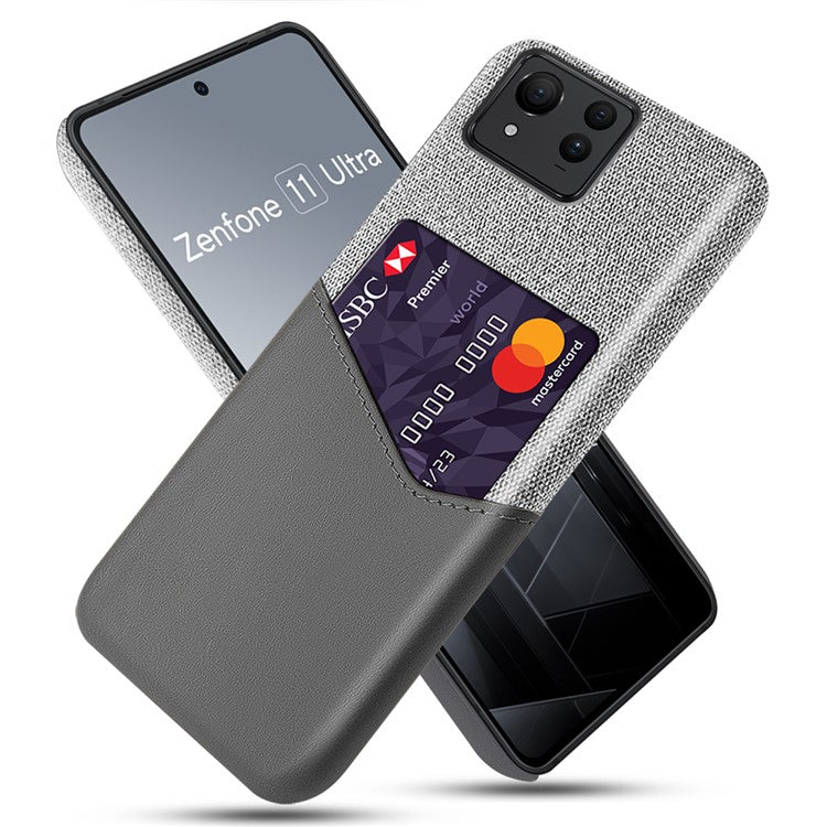 For Asus Zenfone 11 Ultra 5G Case Cloth Texture Leather+PC Card Holder Phone Cover - Grey