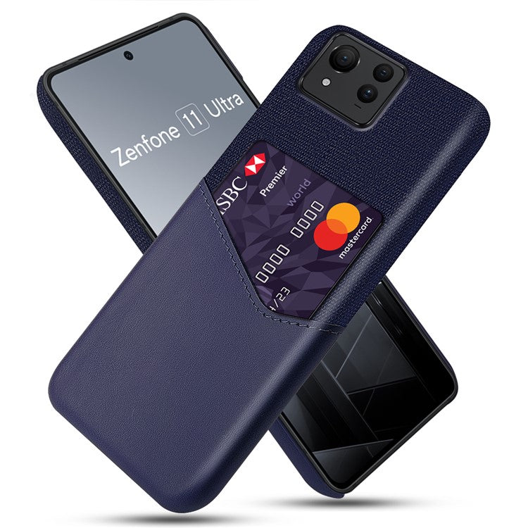 For Asus Zenfone 11 Ultra 5G Case Cloth Texture Leather+PC Card Holder Phone Cover - Blue