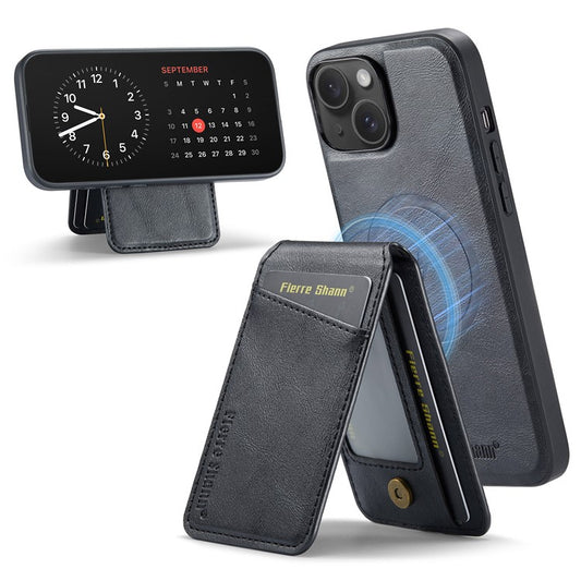 FIERRE SHANN 025 Style For iPhone 14 Plus Case Kickstand Card Slots Leather Back Phone Cover - Black