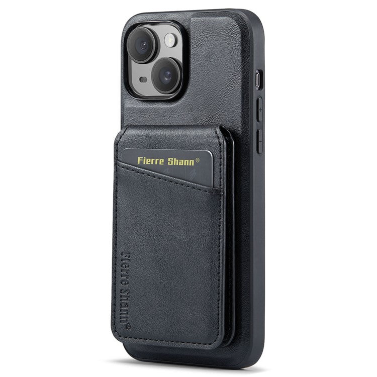 FIERRE SHANN 025 Style For iPhone 14 Plus Case Kickstand Card Slots Leather Back Phone Cover - Black