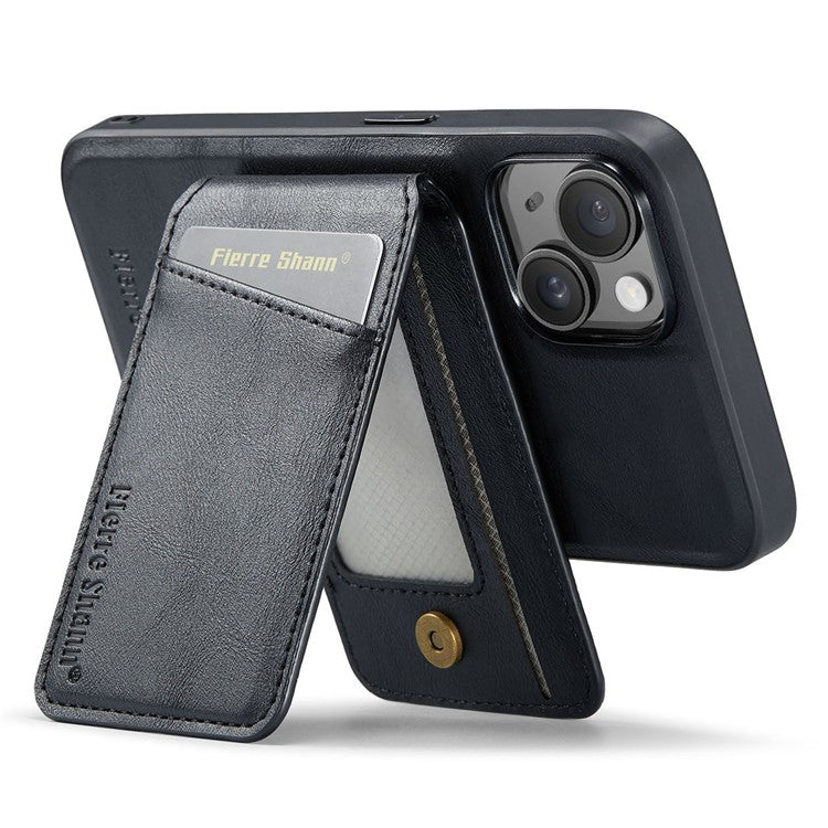 FIERRE SHANN 025 Style For iPhone 14 Plus Case Kickstand Card Slots Leather Back Phone Cover - Black