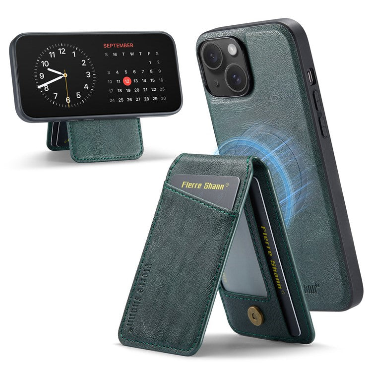 FIERRE SHANN 025 Style For iPhone 14 Case Leather+TPU Kickstand Phone Cover Detachable 2-in-1 - Green