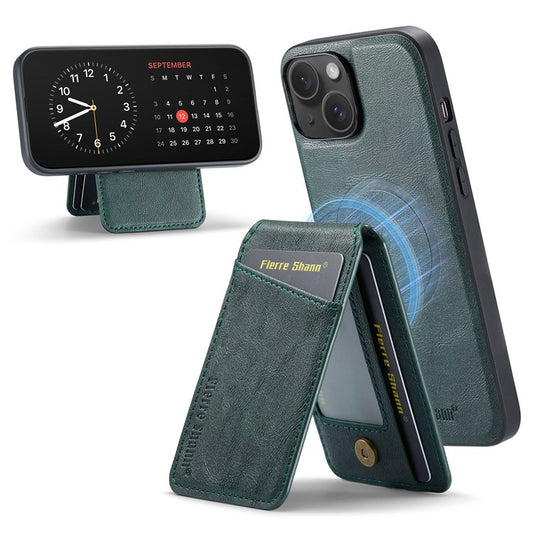 FIERRE SHANN 025 Style For iPhone 14 Case Leather+TPU Kickstand Phone Cover Detachable 2-in-1 - Green