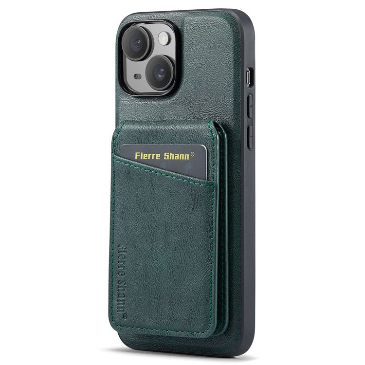FIERRE SHANN 025 Style For iPhone 14 Case Leather+TPU Kickstand Phone Cover Detachable 2-in-1 - Green