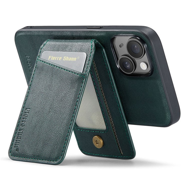 FIERRE SHANN 025 Style For iPhone 14 Case Leather+TPU Kickstand Phone Cover Detachable 2-in-1 - Green