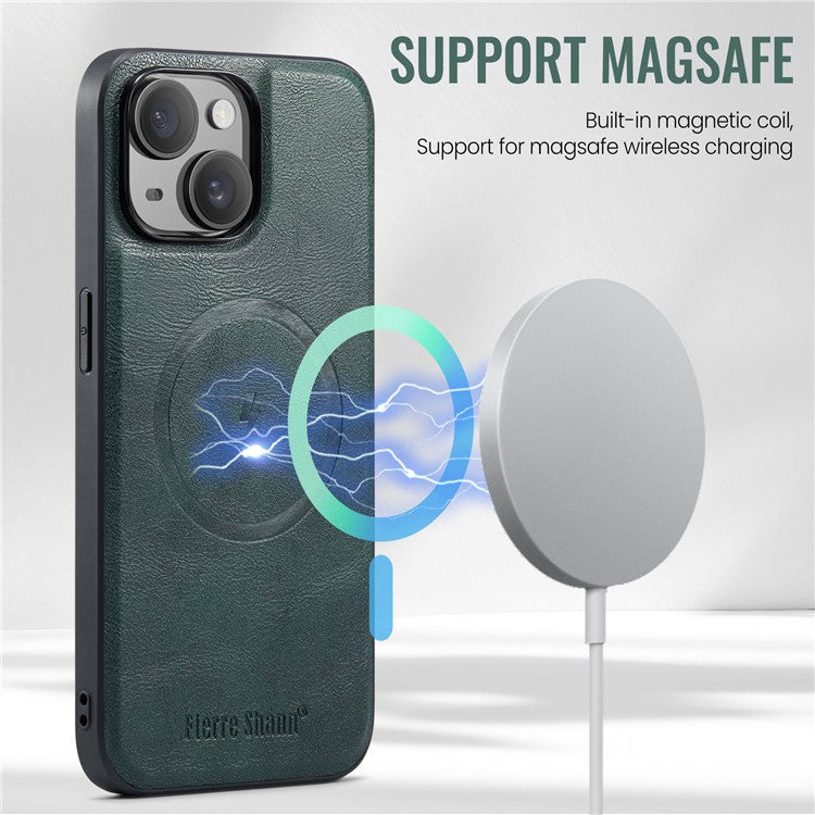 FIERRE SHANN 025 Style For iPhone 14 Case Leather+TPU Kickstand Phone Cover Detachable 2-in-1 - Green