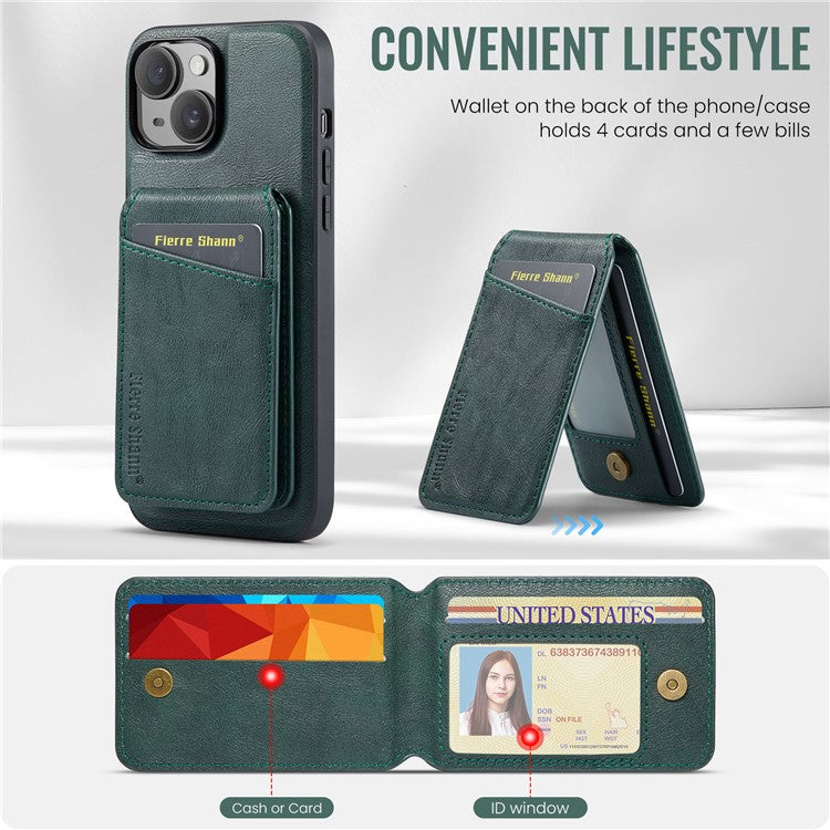 FIERRE SHANN 025 Style For iPhone 14 Case Leather+TPU Kickstand Phone Cover Detachable 2-in-1 - Green