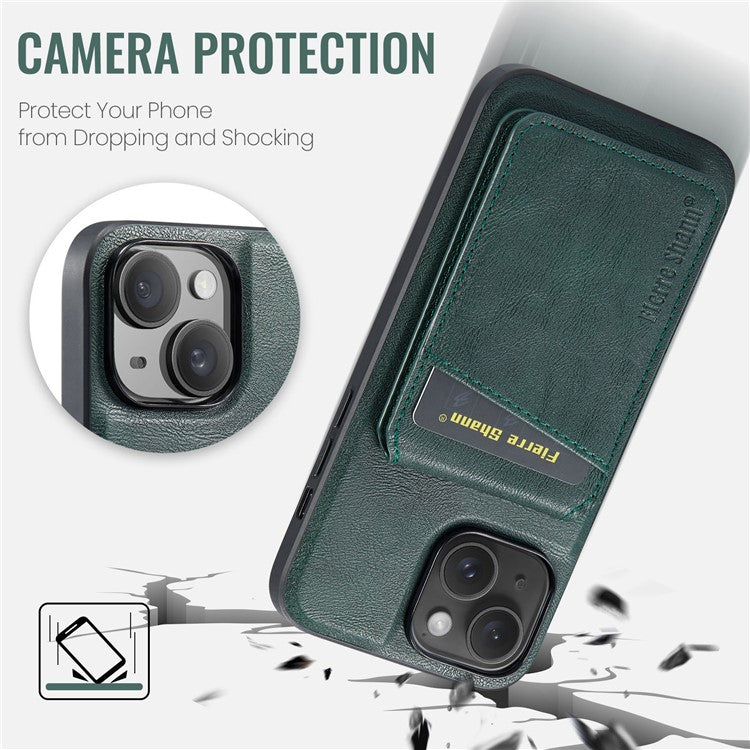 FIERRE SHANN 025 Style For iPhone 14 Case Leather+TPU Kickstand Phone Cover Detachable 2-in-1 - Green