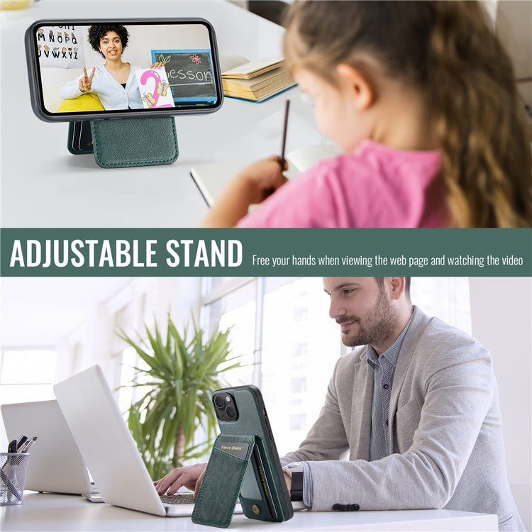 FIERRE SHANN 025 Style For iPhone 14 Case Leather+TPU Kickstand Phone Cover Detachable 2-in-1 - Green