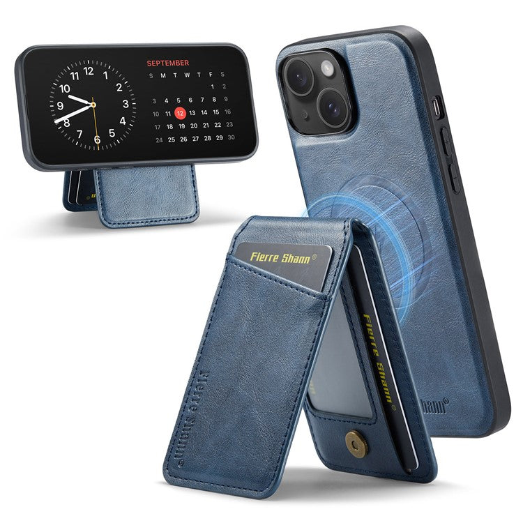 FIERRE SHANN 025 Style For iPhone 14 Case Leather+TPU Kickstand Phone Cover Detachable 2-in-1 - Blue