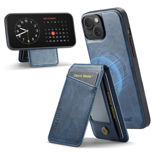 FIERRE SHANN 025 Style For iPhone 14 Case Leather+TPU Kickstand Phone Cover Detachable 2-in-1 - Blue