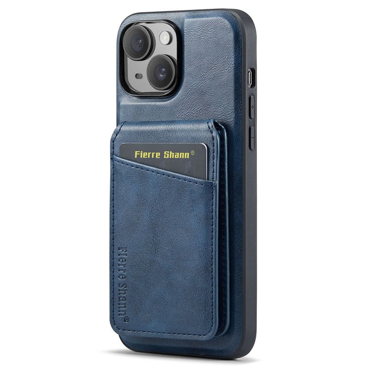 FIERRE SHANN 025 Style For iPhone 14 Case Leather+TPU Kickstand Phone Cover Detachable 2-in-1 - Blue