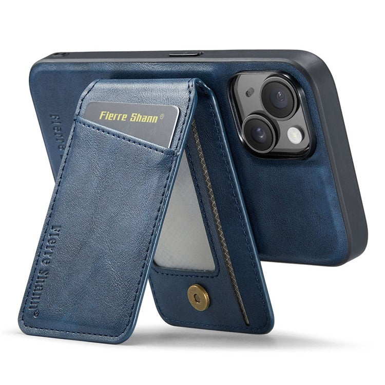 FIERRE SHANN 025 Style For iPhone 14 Case Leather+TPU Kickstand Phone Cover Detachable 2-in-1 - Blue