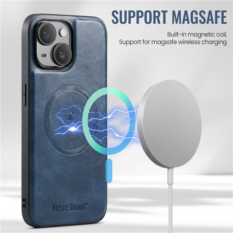 FIERRE SHANN 025 Style For iPhone 14 Case Leather+TPU Kickstand Phone Cover Detachable 2-in-1 - Blue