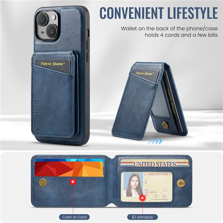 FIERRE SHANN 025 Style For iPhone 14 Case Leather+TPU Kickstand Phone Cover Detachable 2-in-1 - Blue