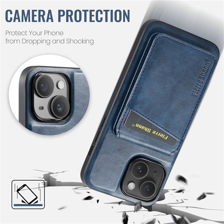 FIERRE SHANN 025 Style For iPhone 14 Case Leather+TPU Kickstand Phone Cover Detachable 2-in-1 - Blue