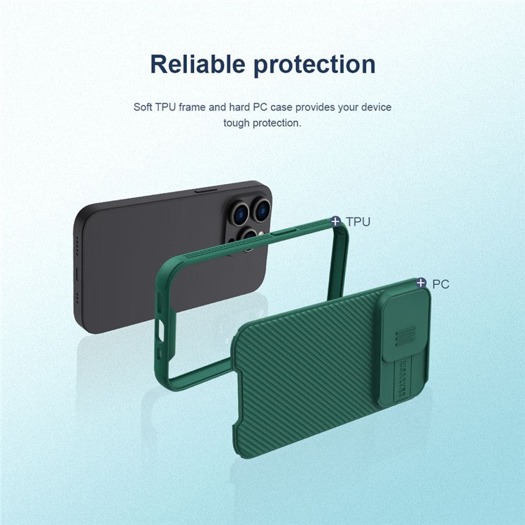 NILLKIN CamShield Pro Series for iPhone 14 Pro 6.1 inch Slide Camera Protection Hard PC Soft TPU Case Shockproof Phone Cover - Green