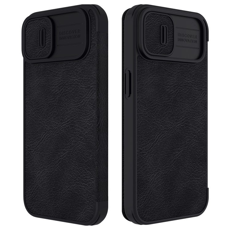 NILLKIN Qin Pro Series for iPhone 14 Plus Ultra Slim Dirt-proof Phone Case with Sliding Lens Protection Cover and Card Slots Anti-fall Phone Flip Shell - Black