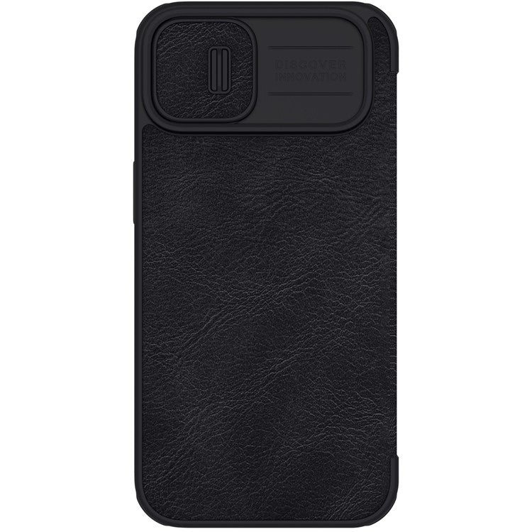 NILLKIN Qin Pro Series for iPhone 14 Plus Ultra Slim Dirt-proof Phone Case with Sliding Lens Protection Cover and Card Slots Anti-fall Phone Flip Shell - Black