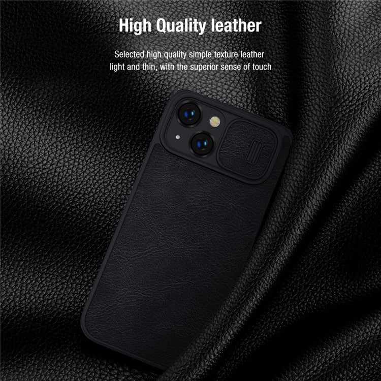 NILLKIN Qin Pro Series for iPhone 14 Plus Ultra Slim Dirt-proof Phone Case with Sliding Lens Protection Cover and Card Slots Anti-fall Phone Flip Shell - Black