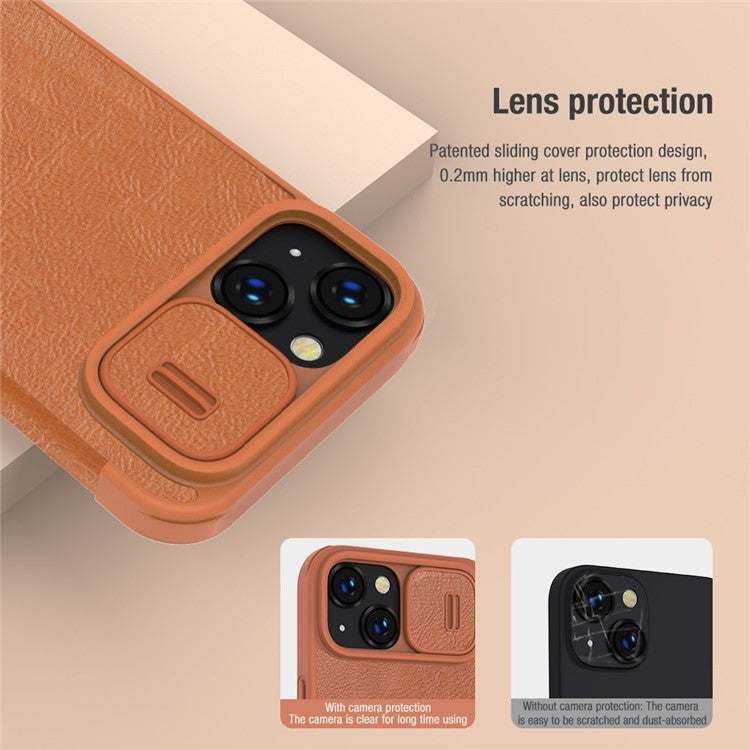 NILLKIN Qin Pro Series for iPhone 14 Plus Ultra Slim Dirt-proof Phone Case with Sliding Lens Protection Cover and Card Slots Anti-fall Phone Flip Shell - Black