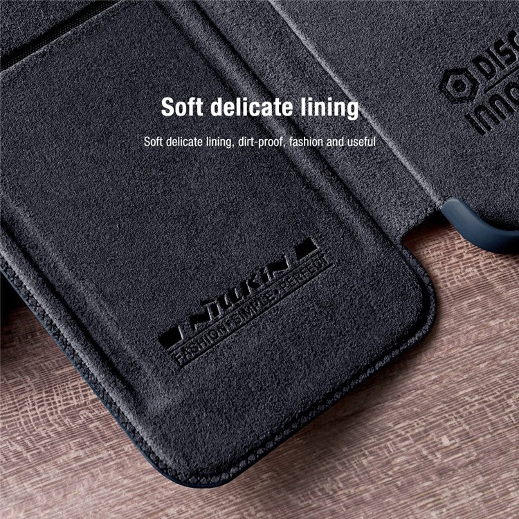 NILLKIN Qin Pro Series for iPhone 14 Plus Ultra Slim Dirt-proof Phone Case with Sliding Lens Protection Cover and Card Slots Anti-fall Phone Flip Shell - Black