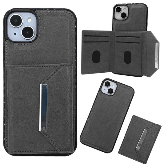 For iPhone 14 Case Leather+TPU Phone Cover with Card Holder 2-in-1 Detachable - Grey