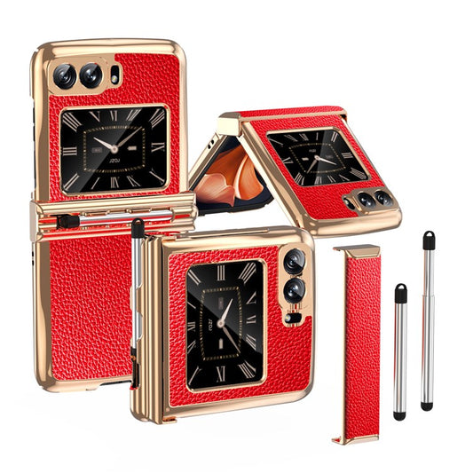 For Motorola Moto Razr 2022 5G Shockproof Case Electroplating Phone Cover PU Leather + PC Phone Case with Pen - Red