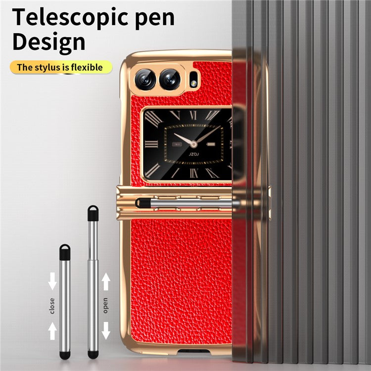 For Motorola Moto Razr 2022 5G Shockproof Case Electroplating Phone Cover PU Leather + PC Phone Case with Pen - Red