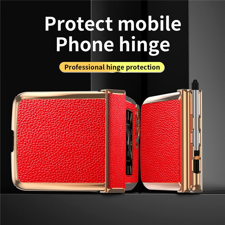 For Motorola Moto Razr 2022 5G Shockproof Case Electroplating Phone Cover PU Leather + PC Phone Case with Pen - Red