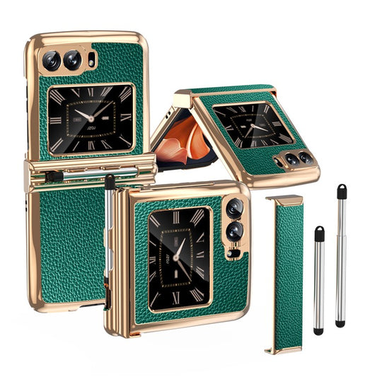 For Motorola Moto Razr 2022 5G Shockproof Case Electroplating Phone Cover PU Leather + PC Phone Case with Pen - Green