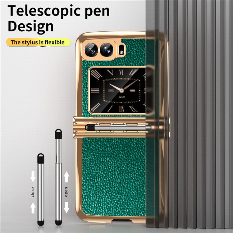 For Motorola Moto Razr 2022 5G Shockproof Case Electroplating Phone Cover PU Leather + PC Phone Case with Pen - Green