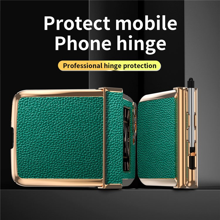 For Motorola Moto Razr 2022 5G Shockproof Case Electroplating Phone Cover PU Leather + PC Phone Case with Pen - Green