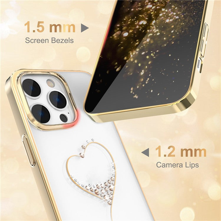 KINGXBAR For iPhone 14 Pro Max Shockproof Case Electroplating Phone Case Anti-Scratch PC Phone Cover with Crystal Decoration - Champagne Gold