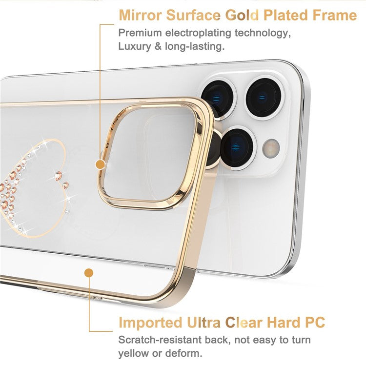 KINGXBAR For iPhone 14 Pro Max Shockproof Case Electroplating Phone Case Anti-Scratch PC Phone Cover with Crystal Decoration - Champagne Gold
