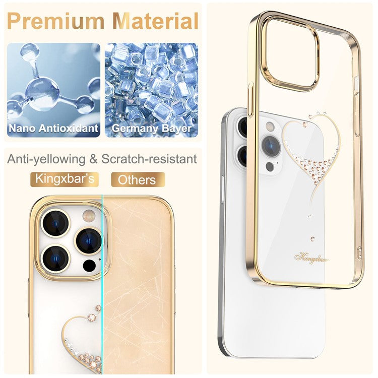 KINGXBAR For iPhone 14 Pro Max Shockproof Case Electroplating Phone Case Anti-Scratch PC Phone Cover with Crystal Decoration - Champagne Gold