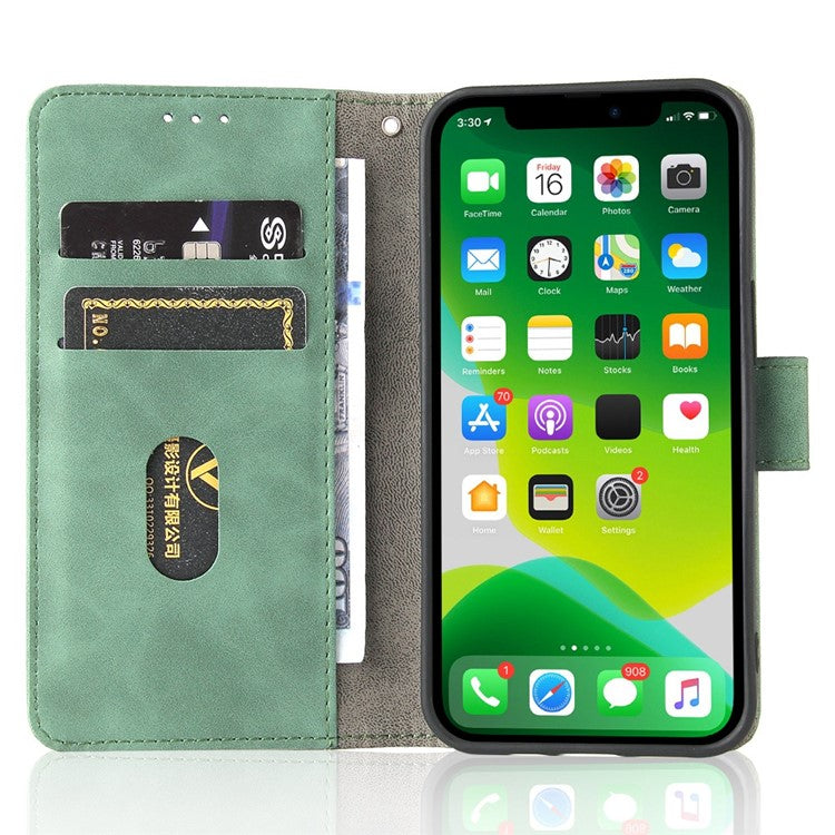 For iPhone 14 Anti-scratch PU Leather Case Skin-touch Feeling Stand Wallet Phone Cover - Green