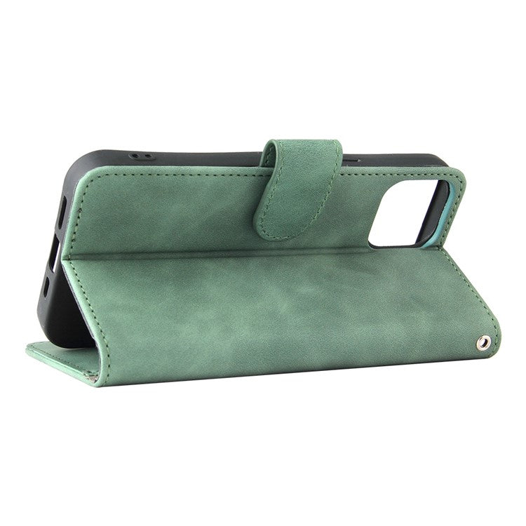 For iPhone 14 Anti-scratch PU Leather Case Skin-touch Feeling Stand Wallet Phone Cover - Green