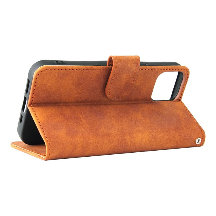 For iPhone 14 Anti-scratch PU Leather Case Skin-touch Feeling Stand Wallet Phone Cover - Brown