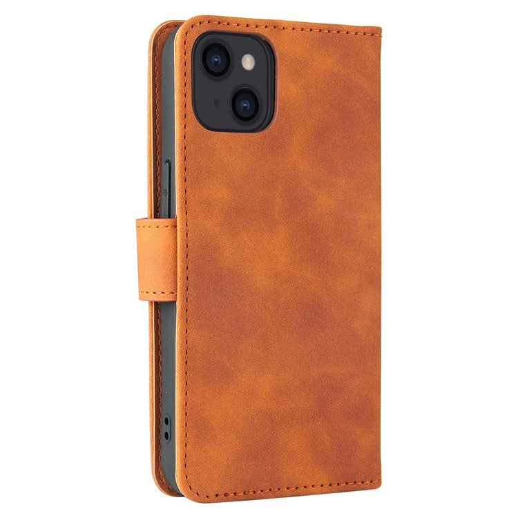 For iPhone 14 Anti-scratch PU Leather Case Skin-touch Feeling Stand Wallet Phone Cover - Brown