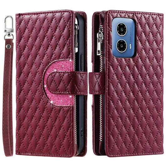 Style 013 for Motorola Moto G85 5G / S50 Neo 5G Case Rhombus Leather Zipper Phone Cover - Wine Red