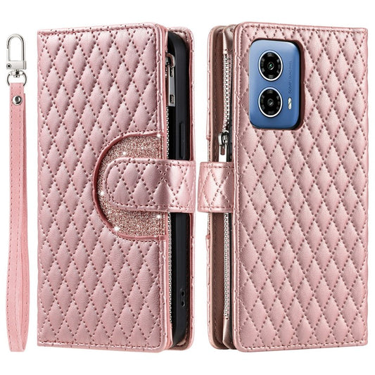 Style 013 for Motorola Moto G85 5G / S50 Neo 5G Case Rhombus Leather Zipper Phone Cover - Rose Gold
