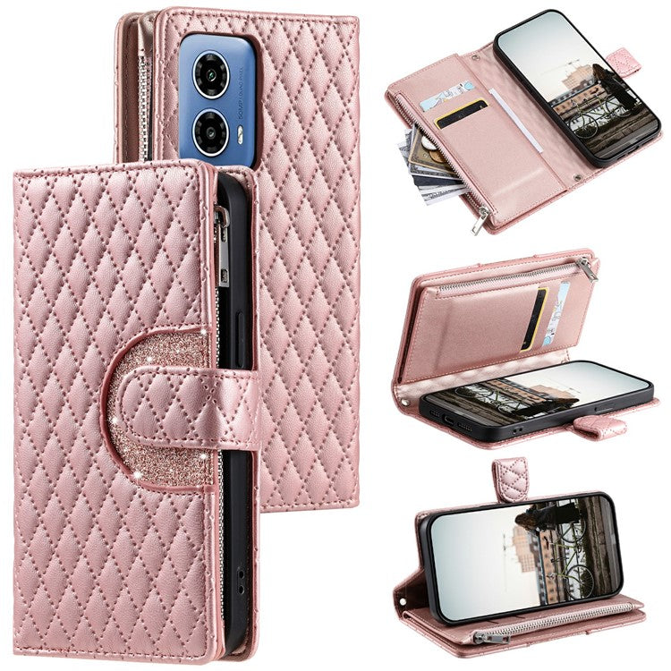 Style 013 for Motorola Moto G85 5G / S50 Neo 5G Case Rhombus Leather Zipper Phone Cover - Rose Gold