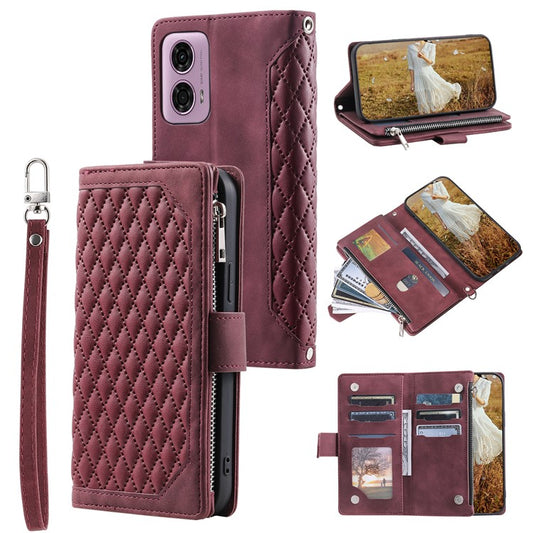 Style 005 For Motorola Moto G85 5G / S50 Neo 5G Case Rhombus PU Leather Zipper Phone Cover - Wine Red
