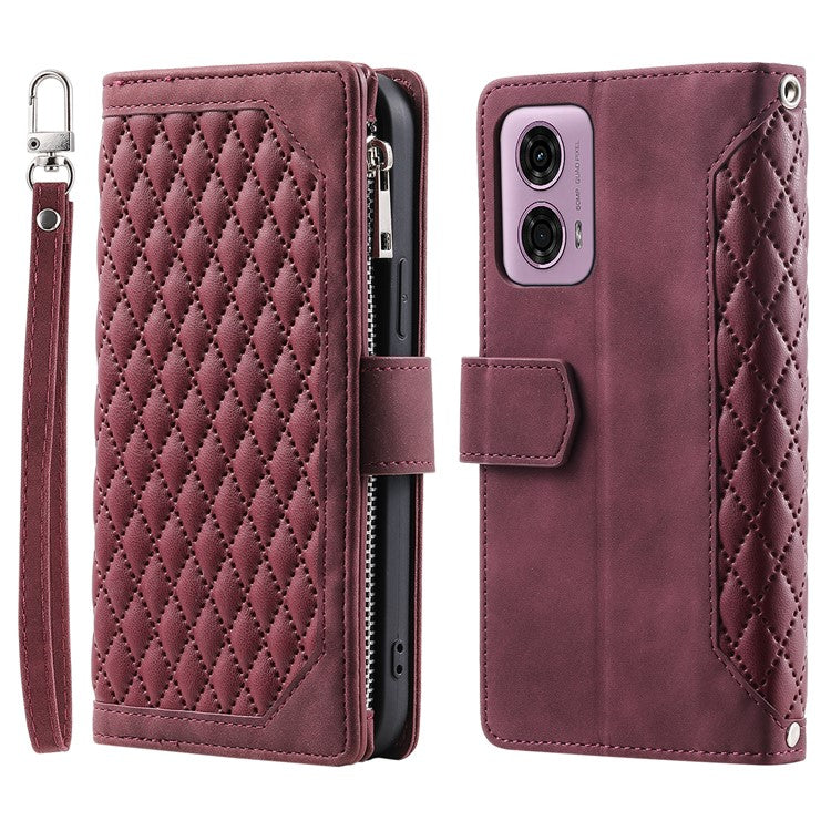 Style 005 For Motorola Moto G85 5G / S50 Neo 5G Case Rhombus PU Leather Zipper Phone Cover - Wine Red