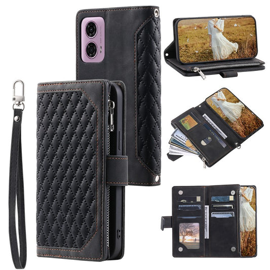 Style 005 For Motorola Moto G85 5G / S50 Neo 5G Case Rhombus PU Leather Zipper Phone Cover - Black