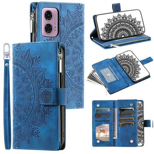 Style 006 For Motorola Moto G85 5G / S50 Neo 5G Case Zipper Pocket Leather Phone Bag Cover Mandala Flower - Blue